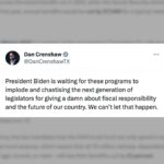 Dan Crenshaw Instagram - Joe Biden lies. Again. And this is why it’s insane that any young person would ever vote Democrat. Responsible Republicans have been sounding the alarm about entitlement spending forever. While there’s always a few “deficit hawks” who yell and scream every year about appropriations bills, the truth is that these annual spending bills only account for 1/3 of total spending, and half of that is for our military. The real deficit hawks are more concerned with the 2/3 of spending that comes from Social Security, Medicare, Medicaid, etc. So it has to be fixed. But how? Democrats just want to raise your taxes. That’s it. Raise taxes on young people and transfer the money to your grandparents. There’s a lot more sensible solutions than that, of course. But again, if you’re young and worried about these retirement programs (as you should be), you should never vote for Democrats.