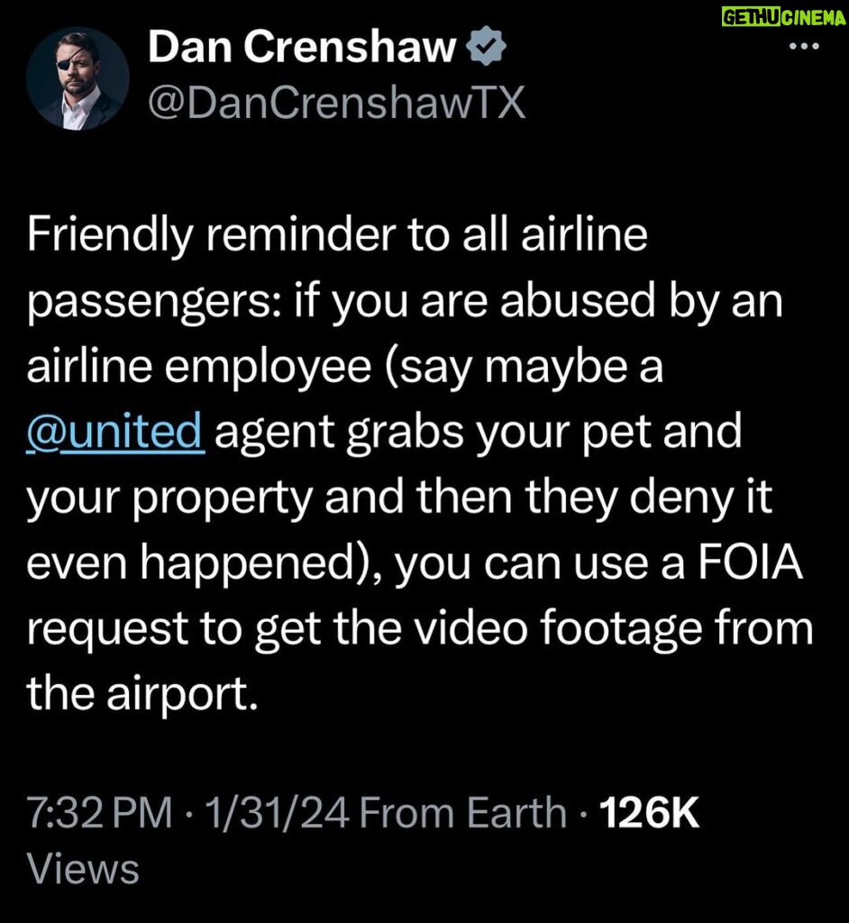 Dan Crenshaw Instagram - And if you do have an incident on video, feel free to DM me and we will help you expose them. Should airline agents have to wear body cams? Comment below.