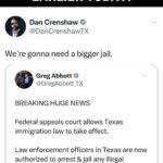 Dan Crenshaw Instagram - At this point, it’s like the Biden Admin is doing everything they can to make sure the border STAYS in crisis. ICYMI, earlier today a Federal Appeals court ruled a Texas immigration law could go into effect this weekend, allowing law enforcement officers in Texas to arrest & jail any illegal immigrants crossing the border. This was a HUGE win for Texas and for the rest of the country, but not even 24 hours later it was put on hold at the request of the Biden Admin. Americans won’t forget this come November.