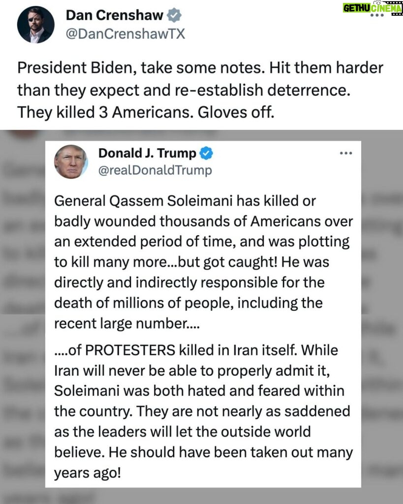 Dan Crenshaw Instagram - Yesterday 3 American soldiers stationed in Jordan were killed and 25 more were injured in a drone attack. Jordan is not a war zone, per se, therefore this represents a major escalation by Iranian backed militias, attacking Jordanian territory. Iran is responsible for this tragedy, but so is Biden’s tepid foreign policy. Today another report shows that the DOD failed to stop the drone attack due to confusion as to whether the drone was a U.S. asset or a hostile one. That’s an unacceptable error that needs to be addressed. God bless our men and women in uniform, keep their family in your prayers.