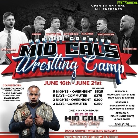 Daniel Cormier Instagram - Guys don’t forget Midcals camp is coming up, we are almost full. We have 30 spots left. It’ll be a full camp, 16 days and it’ll be great. Who’s ready for the fight ? Www.danielcormierwrestling.com