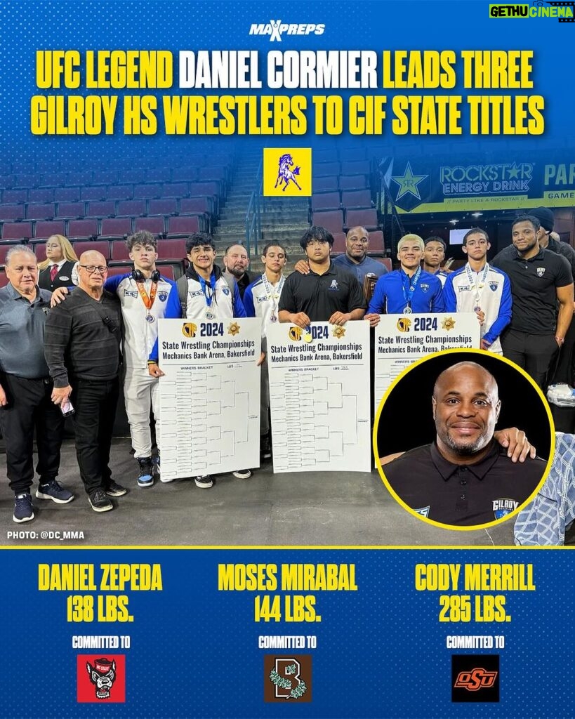 Daniel Cormier Instagram - UFC legend Daniel Cormier leads three Gilroy (CA) wrestlers to CIF state titles. 🥇 Cody Merrill, Daniel Zepeda and Moses Mirabal bring home gold under the tutelage of former multi-weight class UFC champion. 👏 (@gilroywrestling / @dc_mma) #ufc #wrestling #sport #statechamps Gilroy, California