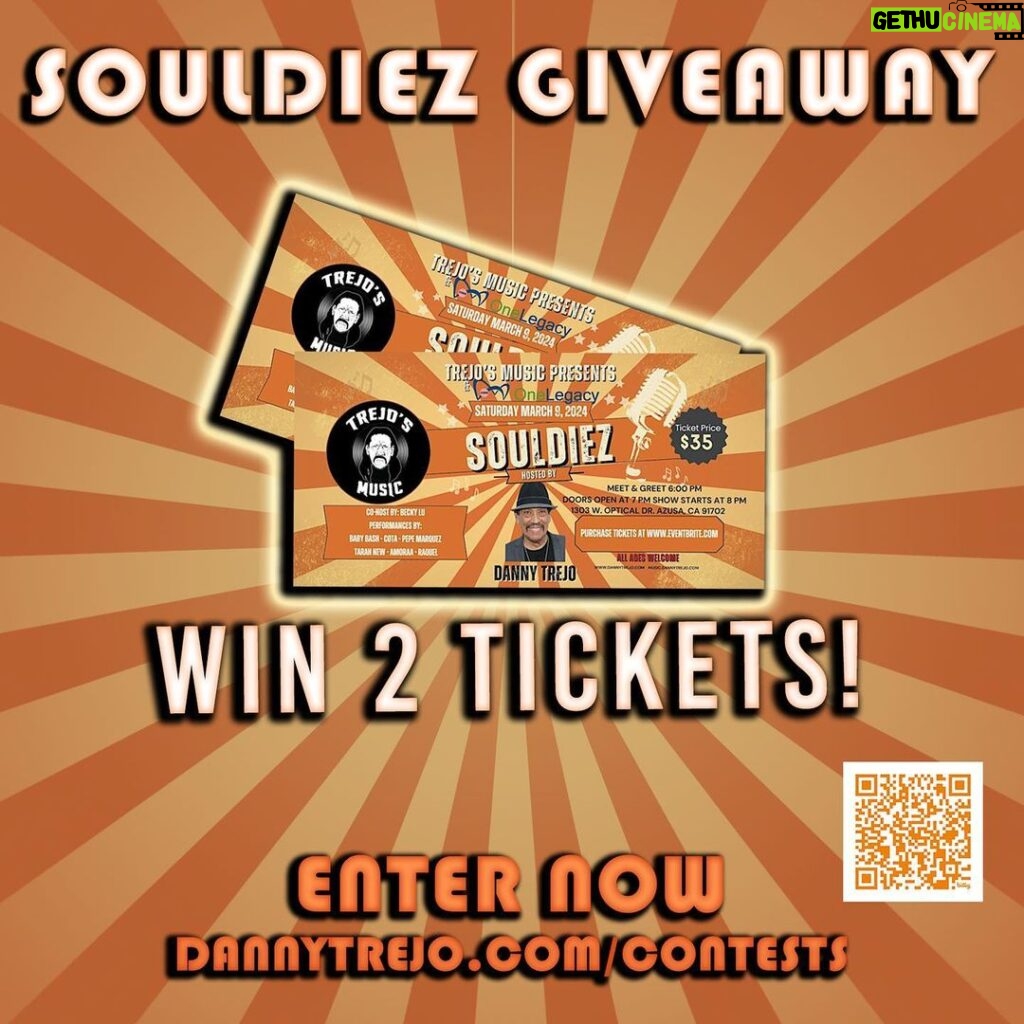 Danny Trejo Instagram - ♫ Join our SOULDIEZ Ticket Giveaway🎸 2 Lucky Winners will Win (2) Tickets to our concert Souldiez March 9th at @onelegacyinspires in Azusa, CA! All ages welcome for the event. There are multiple ways to gain entries! Enter Now: *Link in Bio* *Giveaway Winners will be selected March 1st 2024 #trejosmusic #souldiez #machete #dannytrejo #giveaway #concert #oldiesbutgoodies #souldies This is in no way sponsored, administered, or associated with Meta Inc. By entering, entrants confirm they are 18+ years of age, release Instagram of responsibility, and agree to Instagram’s term of use.
