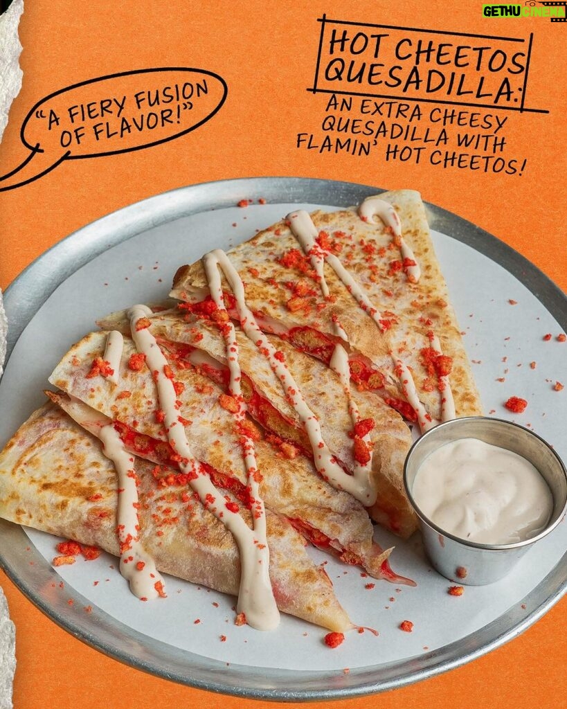 Danny Trejo Instagram - Spice up your life this March with our Hot Cheetos Quesadilla at Trejo’s Tacos! 🔥🧀 This fiery fusion of flavor is made in participation with @childrensla for #MakeMarchMatter! Portion of proceeds will be donated to the CHLA! So add a dash of goodness to your day and make every bite count towards a great cause! 🔥Hot Cheeto Quesadilla🔥 A warm, crispy tortilla filled with our delicious 3 cheese blend and Flamin’ Hot @cheetos drizzled with a chipotle crema. Topped with crumbled Hot Cheetos. **Only available this March for a limited time! Join us at one of our 4 locations to try it! 📍Hollywood Cantina 1556 N Cahuenga Blvd 90028 📍Santa Monica 316 Santa Monica Blvd 90401 📍La Brea 1048 S La Brea Ave 90028 📍Farmer’s Market 6333 W 3rd Street 90036 #trejostacos #trejoscantina #trejoscerveza #dannytrejo #losangeles #tacos #burritos #cocktails #tacotuesday #foodporn #instafood #happyhour #tacolover #bowls #burritobowls #hotcheetos #flaminhot #quesadilla Trejo's Cantina