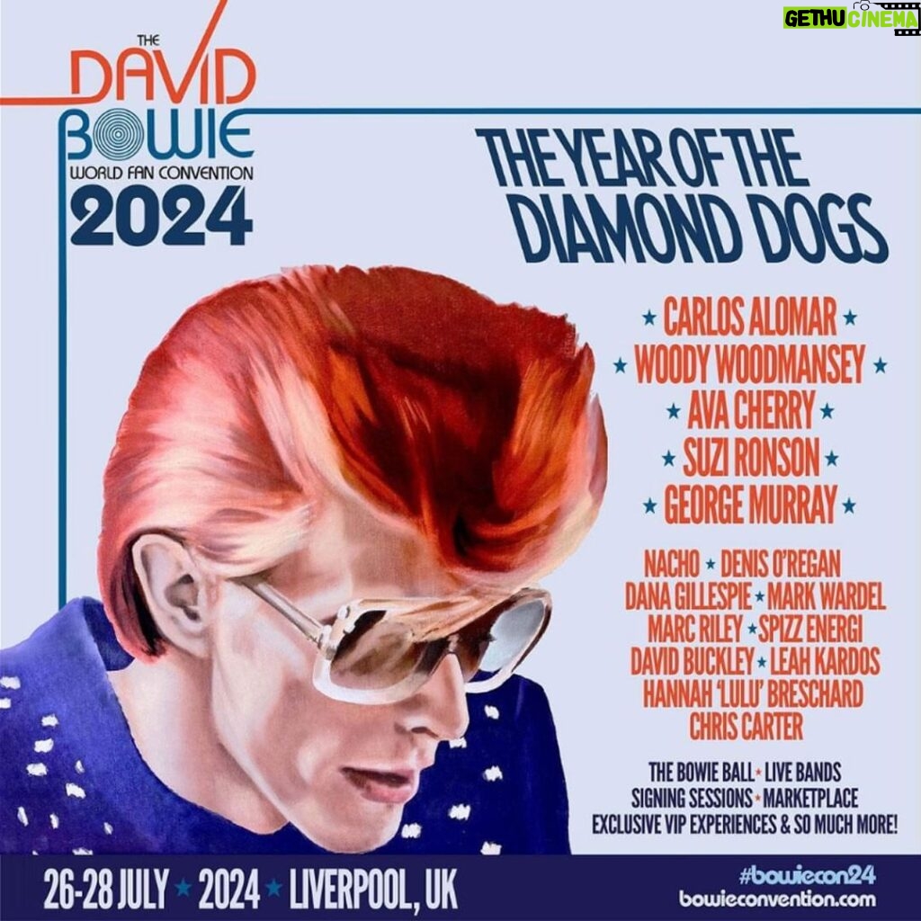 David Bowie Instagram - THE DAVID BOWIE WORLD FAN CONVENTION 2024 “You asked for the latest party...” While not an official event, we are always happy to publicise fan conventions. You’re no doubt already aware of this one, but here’s the info you need just in case... + - + - + - + - + - + - + - + - + - + - + - + - + - + THE DAVID BOWIE WORLD FAN CONVENTION RETURNS TO LIVERPOOL FOR 2024 From Fri 26th - Sun 28th July 2024, Bowie fans, friends and collaborators will flood Liverpool as the third David Bowie World Fan Convention returns to the UK. The theme, The Year Of The Diamond Dogs, will guide an expansive range of fan-thrilling events including talks, VIP meet-and-greets, film screenings, exhibitions, and performances. Spiders From Mars member, Woody Woodmansey. Two members of Bowie’s DAM Trio backing band, elusive bassist George Murray and guitarist, long-standing friend and artistic collaborator, Carlos Alomar. Backing singer and close friend, Ava Cherry. Suzi Ronson, wife of Mick Ronson, the late and legendary Spiders guitarist are amongst the first to confirm appearances. Tickets are already selling fast, with VIP tickets now 70% sold out and General Admissions tickets 50% sold out. More information and tickets can be found here: https://bit.ly/BowieCon24Tickets (Linktree in bio) Bowie artwork by Mark Wardel. @bowieconvention - event @liverpoolsoundcity - organiser #BowieConvention2024