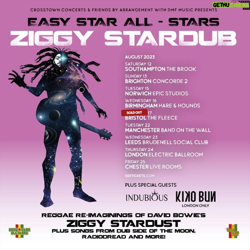 David Bowie Instagram - EASY STAR ALL-STARS ZIGGY STARDUB UK TOUR “Then we were Ziggy’s band...” It’s no surprise that David Bowie was a fan of reggae (he singled out both Forces Of Victory by Linton Kwesi Johnson and Funky Kingston by Toots And The Maytals in a list of his favourite albums), and though we would never want to second guess him, we have a hunch he would have enjoyed Ziggy Stardub by @EasyStarAllStars. Reading through comments on socials, it seems many of you have given the thumbs up to this tribute to Bowie’s Ziggy Stardust album since its release in April. Issued via Easy Star Records the LP features guest appearances from Macy Gray, Maxi Priest, Steel Pulse, Fishbone, Alex Lifeson (Rush) among many others. If you’re in the UK over the next couple of weeks, you can catch the band behind the record, the superb Easy Star All-Stars, live around England. Check out the official Easy Star All-Stars page for tickets and their other tributes: https://easystar.com/artists/easy-star-all-stars/#ontour (Linktree in bio) While you’re there check out the following videos: "Five Years" by Easy Star All-Stars with Steel Pulse "Moonage Daydream" by Easy Star All-Stars featuring Naomi Cowan and Alex Lifeson "Rock 'N' Roll Suicide" by Easy Star All-Stars featuring Macy Gray #ZiggyStardub #EasyStarAllStars