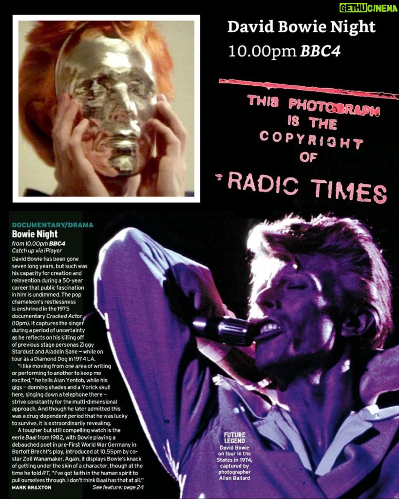 David Bowie Instagram - BBC FOUR BOWIE NIGHT REMINDER “Always in search of that land where life seems best...” * The headline says it all, and here’s a link to the finer details: https://www.bbc.co.uk/schedules/p00fzl6b/2023/07/26 (Scroll down to 22:00) (Linktree in bio) For those not keen on clicking links, in short, here’s what’s being shown on BBC FOUR from ten of the clock tonight... + - + - + - + - + - + - + - + - + - + - + - + - + - + 22:00 imagine... David Bowie: Cracked Actor Alan Yentob Documentary from 1975 examining the many, often spectacular, personas of David Bowie. (R) 22:55 Zoë Wanamaker Remembers... Bowie and Baal Zoë Wanamaker on the adaptation of Brecht’s Baal, in which she appeared with David Bowie. 23:05 Baal with David Bowie directed by Alan Clarke David Bowie stars in Brecht’s first play, which depicts the life of an amoral poet-singer. First screening by the BBC since 1982. (R) + - + - + - + - + - + - + - + - + - + - + - + - + - + Why not start early and commence your evening with a spin of the Cracked Actor live album recorded at the Los Angeles Amphitheatre on 5th September 1974. The very show that can be seen in tonight’s Cracked Actor documentary. Then after the Baal screening, have a listen to the Baal EP and notice the difference in performance between the BBC versions and the released EP. If you’ve seen this too late, don’t worry, it will all be available on catch up. FOOTNOTE: Most of the images here are from the Radio Times edition dated 22-28 July. They feature previously unpublished shots discovered in the Radio Times archive taken by Allan Ballard. * 10 points to the first person to identify today’s lyric quotation. #BowieCrackedActor #BowieInBaal #BowieBBC #BBCBowieNight