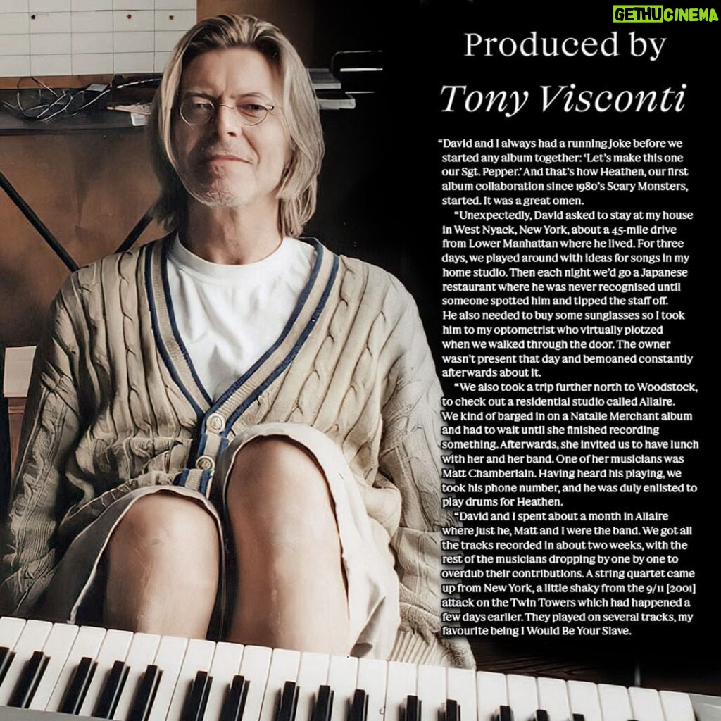 David Bowie Instagram - PRODUCED BY TONY VISCONTI CD BOX DUE OCTOBER “They can’t get enough of it all, Listen…” A 77-track 4-CD box set called Produced By Tony Visconti is released on 20th October and is available to pre-order here now, including a strictly limited edition signed version: http://tonyvisconti.lnk.to/ProducedBy (Linktree in bio) The set is a career-spanning look at the many artists Tony worked with across a period of more than fifty years. It’s been said that Tony Visconti ‘probably produced one of your all-time favourite albums’. Now for the first time, Edsel is proud to present the first definitive retrospectives of the legendary Brooklyn-born record producer. Naturally, one would expect David Bowie to be represented, and he is with the following 4 songs (one on each disc)... Young Americans (2016 Remaster) The Man Who Sold The World (2020 Mix) I Would Be Your Slave Memory of a Free Festival (2019 Mix) Of the set, Tony says, “This boxset covers five and a half decades of my efforts in the art of making iconic recordings. Some of it is familiar and some will have a eureka moment, ‘I didn’t know Visconti produced that one!’” Grammy-winning creatives @barnbrookstudio have designed the artwork, the first two images we have posted are not their work, the third is. The second image of David in the studio was taken by Tony and is accompanied with a short excerpt of the text regarding I Would Be Your Slave. The 4CD set is housed in a deluxe 80-page casebound book, with previously unseen photographs, an introduction by Tony, extensive track-by-track liner notes by author and journalist Mark Paytress (including track-by-track commentaries by Tony), and tributes from a selection of featured artists. The audio for the sets has been mastered by Phil Kinrade at AIR Mastering and personally approved by Tony. Produced By Tony Visconti is available in the following formats, though only the CD set contains Bowie tracks. PRODUCED BY TONY VISCONTI (http://tonyvisconti.lnk.to/ProducedBy) (Linktree in bio) DELUXE 4-CD 77-TRACK 7” BOXSET WITH 80 PAGE BOOK STRICTLY LIMTED EDITION DELUXE 6-LP 60-TRACK BOXSET 60 PAGE BOOK 2-LP 14-TRACK WITH 12 PAGE BOOK #BowieVisconti