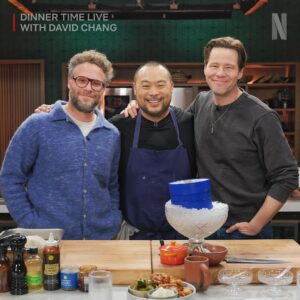 David Chang Instagram - Last night on @dinnertimelive was wild! Big shout-out to @sethrogen and @ikebarinholtz for bringing the laughs and seriously impressive eating skills. No caviar was wasted in the filming of last nights episode.  We won’t cook like that very often! Thanks uncle Ted! 

Every week we’re trying to push ourselves, trying new things, making new mistakes and shifting gears. Cooking live with —no script, no second chances, no commercial breaks…while hosting guests and talking and keeping time. It’s much harder than it looks.  It feels like we’re opening a new restaurant with a new menu every Tuesday at the row DTLA. 

Grateful for Netflix giving me this platform. I’m on the stoves prepping and cooking solo, but the real magic is the team making it all come together off-camera 🙏 Missed the live show? Catch up on all the episodes now on @netflix. #dinnertimelive