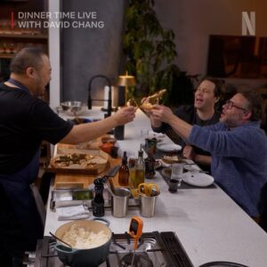 David Chang Instagram - Last night on @dinnertimelive was wild! Big shout-out to @sethrogen and @ikebarinholtz for bringing the laughs and seriously impressive eating skills. No caviar was wasted in the filming of last nights episode.  We won’t cook like that very often! Thanks uncle Ted! 

Every week we’re trying to push ourselves, trying new things, making new mistakes and shifting gears. Cooking live with —no script, no second chances, no commercial breaks…while hosting guests and talking and keeping time. It’s much harder than it looks.  It feels like we’re opening a new restaurant with a new menu every Tuesday at the row DTLA. 

Grateful for Netflix giving me this platform. I’m on the stoves prepping and cooking solo, but the real magic is the team making it all come together off-camera 🙏 Missed the live show? Catch up on all the episodes now on @netflix. #dinnertimelive