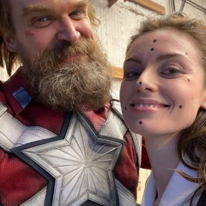 David Harbour Instagram - Thank you for all the @black.widow movie love.  It was such an honor to work directly with THE Scarlett Johansson and Florence Pugh and of course in the second pic, my fave Rachel Weisz!  So down to earth and sweet, kept saying we’re not the ‘real actresses’ obviously to make me feel less intimidated to be working with such international stars!  Makeup department was clearly off their game tho, because they kept covering their faces with these black dots!  Had something to do with being assassins I guess.  All in all a weird wonderful 4 and a half months!  #dadjokes #brandambassador