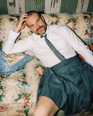 David Harbour Instagram - Freed from traditional male binary leg slots.  Have fun at #NYFW @thombrowne and team.