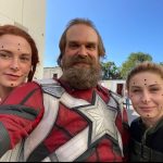 David Harbour Instagram - Thank you for all the @black.widow movie love. It was such an honor to work directly with THE Scarlett Johansson and Florence Pugh and of course in the second pic, my fave Rachel Weisz! So down to earth and sweet, kept saying we’re not the ‘real actresses’ obviously to make me feel less intimidated to be working with such international stars! Makeup department was clearly off their game tho, because they kept covering their faces with these black dots! Had something to do with being assassins I guess. All in all a weird wonderful 4 and a half months! #dadjokes #brandambassador