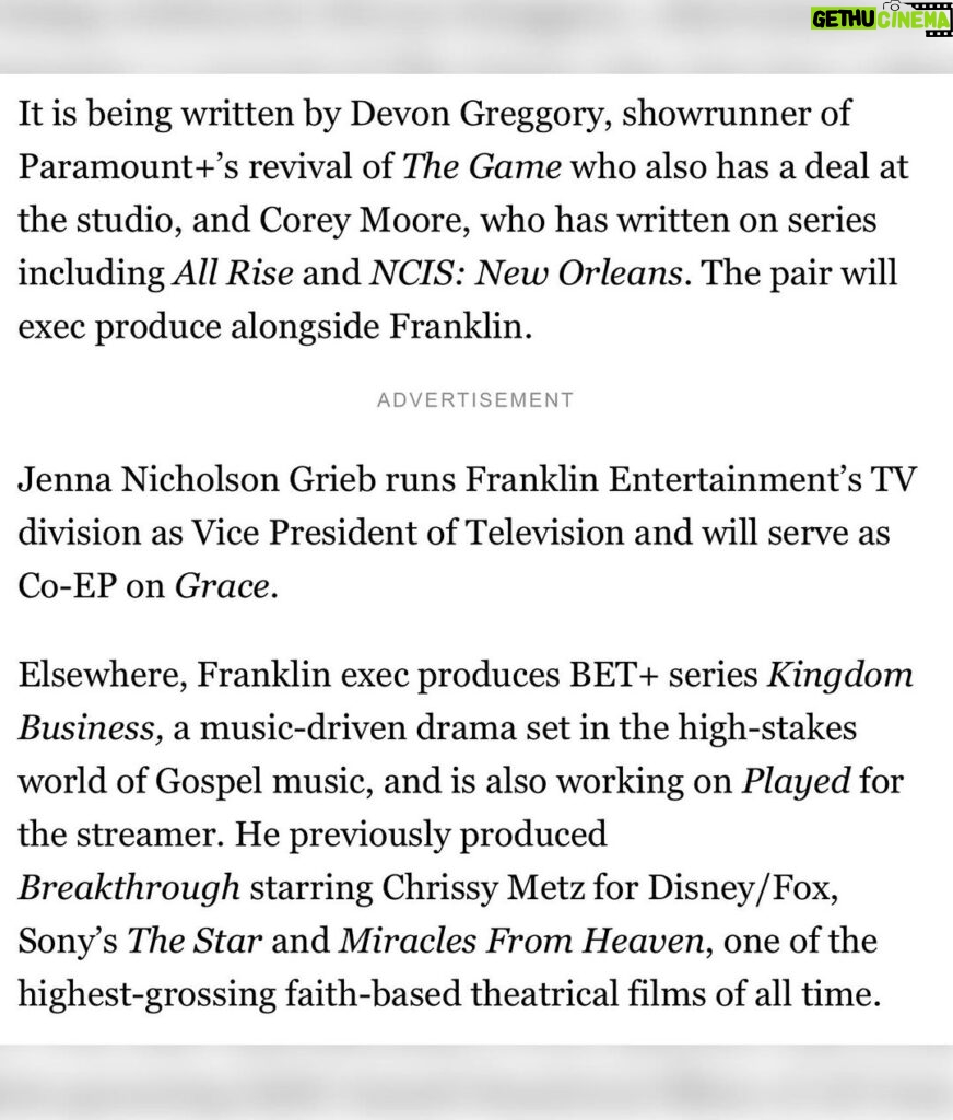 DeVon Franklin Instagram - When the strikes hit and my deal was suspended, I thought that may have been the end of my tv production company. However we sometimes think God is putting a period in our careers where He’s actually putting a comma! I’m beyond excited and grateful to announce my TV deal with @cbstvstudios has been extended! So grateful is to extend my relationship with the CBS family. Underneath my deal extension, I’ll be producing a New Faith-Based Detective Drama called GRACE for @cbstv GRACE is being written by the talented brothers, @devon_greggory and Corey Moore. GRACE follows a true-blue detective known for his brash, cynical style and a passionate, community-focused pastor who wears her heart on her sleeve reluctantly partner to solve complex crimes as they debate their divergent beliefs while attempting to ignore their growing chemistry.  Let’s go!!!! #cbs #tv #grace #Faith #FranklinEntertainment