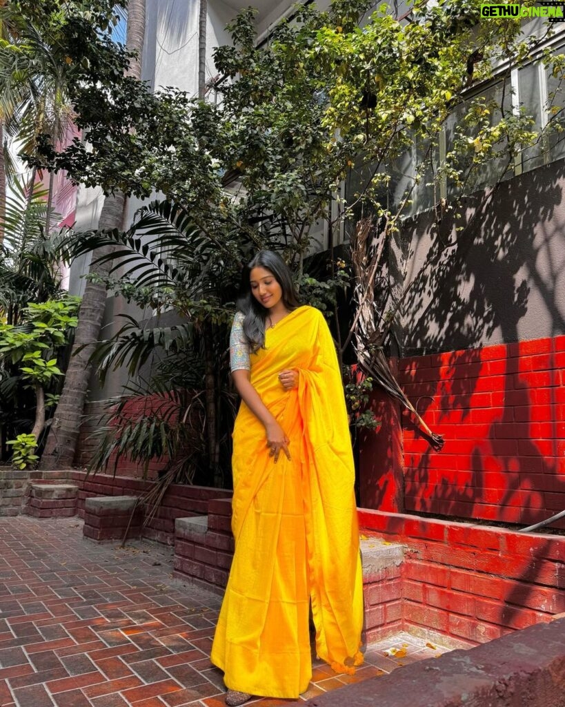 Deepika Venkatachalam Instagram - A saree like sunflower🌻 ft. @izhaimadras 💛 Tell me an outfit that is more elegant than a handloom cotton saree & a contrast blouse, I’ll wait!😌 It’s been so long since I posted a sare post and pictures took on phones. ( quality quality nu phone shot pics ah madhikradhey ila ) But this set of pictures were taken by Mr.D, so keeping all our principles & ethics konjam oraama and posting it, because this feels like my most beautiful picture ever! 🙈 ( orey the shy) Me in my fav outfit & pictures taken by my fav human. Vera enna venum?🥹 Wore this to shoot a different kind of content. Hope you’ll like it. You should, ogaiii ? 😌 . 📸 @raja_vetri_prabhu_ . #deepika #RnD #saree #HandloomSaree