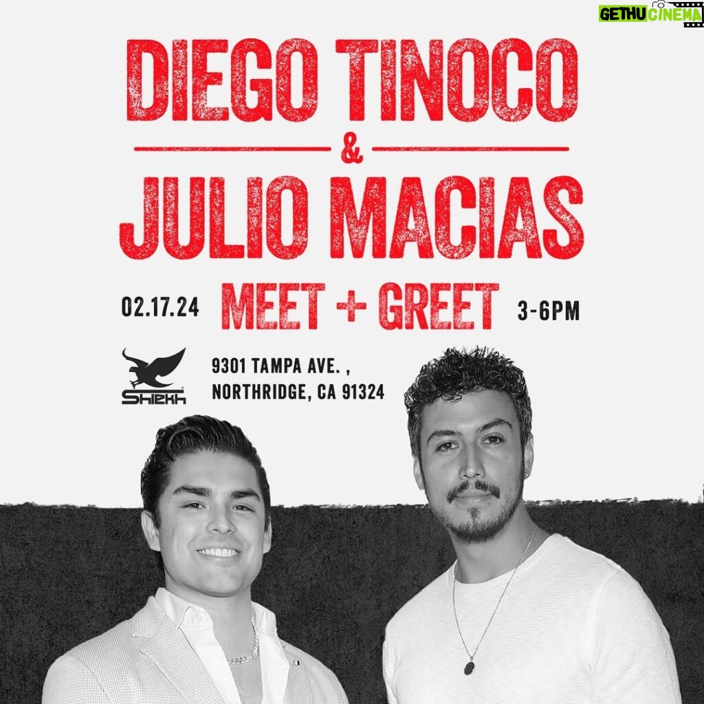 Diego Tinoco Instagram - Don’t miss the chance to meet us at Shiekh in Northridge Fashion Center on February 17th from 3pm - 6pm! #Shiekh #SangreMia #DiegoTinoco #juliomacías