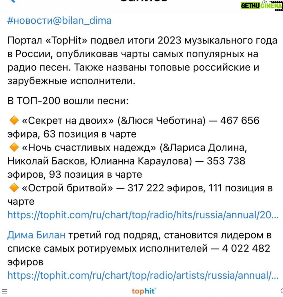 Dima Bilan Instagram - Самый ротируемый артист на радио в 2023 году, третий год подряд! Спасибо @tophit.live и моим слушателям! #билан #димабилан !