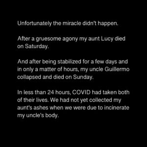 Edgar Ramírez Instagram - I beg you to please read this post carefully 🙏🏽. It is the most painful and the most intimate thing I have had to publish in my life, but I think it is important to share it.  At times I feel like it is a nightmare from which I am going to wake up, but I know it is not. I know this is as real as the air that at this moment is so difficult for me to breathe. In my instagram feed, right next to this post is an interview I had with Dr. Anthony Fauci, Chief Medical Advisor to the President of the United States, in which we discussed vital information on how to deal with COVID 19 and the urgent need to get vaccinated, especially those of us who are lucky enough to have access to one .  No one who has access to a vaccine should die from COVID 19. Please read this information, watch the interview and please, please share it.
Thank you very much, 
Edgar