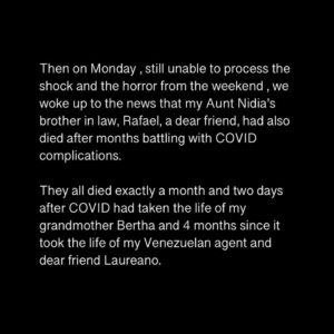 Edgar Ramírez Instagram - I beg you to please read this post carefully 🙏🏽. It is the most painful and the most intimate thing I have had to publish in my life, but I think it is important to share it.  At times I feel like it is a nightmare from which I am going to wake up, but I know it is not. I know this is as real as the air that at this moment is so difficult for me to breathe. In my instagram feed, right next to this post is an interview I had with Dr. Anthony Fauci, Chief Medical Advisor to the President of the United States, in which we discussed vital information on how to deal with COVID 19 and the urgent need to get vaccinated, especially those of us who are lucky enough to have access to one .  No one who has access to a vaccine should die from COVID 19. Please read this information, watch the interview and please, please share it.
Thank you very much, 
Edgar