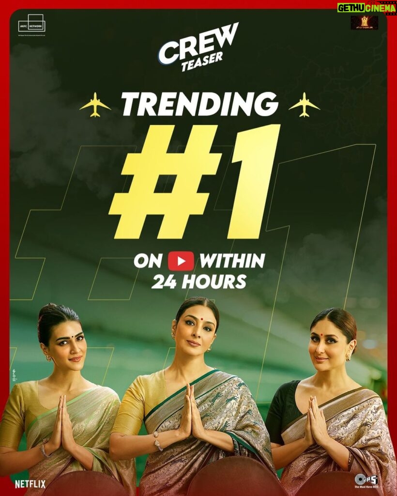 Ekta Kapoor Instagram - Clear the runway! #CrewTeaser has landed on the #1 spot on YouTube! 🛫🥰 🔗- Link in bio #CrewInCinemasOnMarch29 @tabutiful @kareenakapoorkhan @kritisanon @diljitdosanjh and a special appearance by @kapilsharma @saswatachatterjeeofficial #RajeshSharma @shobha9168 @anilskapoor @rheakapoor @kumartaurani @rajoosworld #MehulSuri @nidsmehra @jpaarth @vivek.koka @anirudh_k_sharma @balajimotionpictures @akfcnetwork @tips