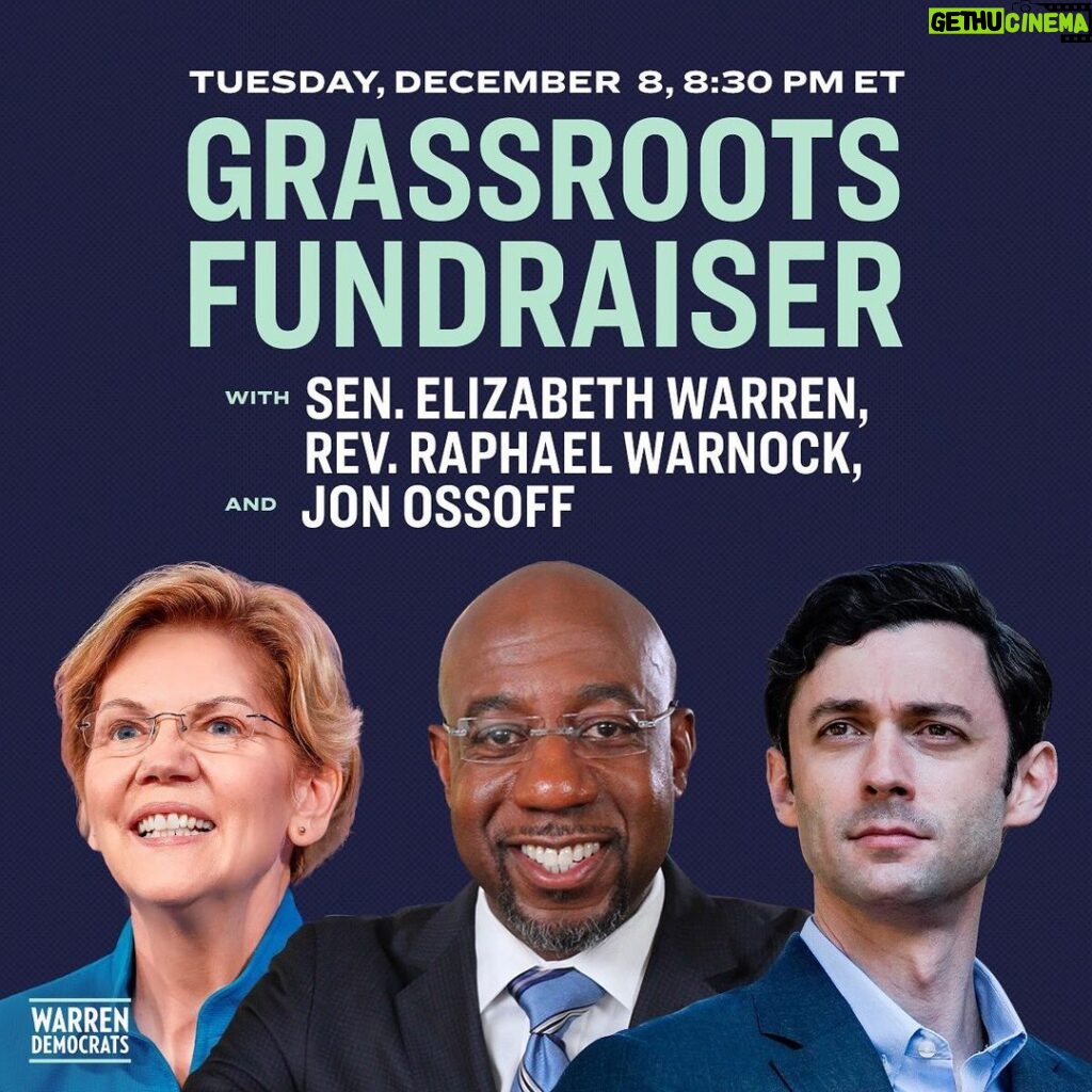 Elizabeth Warren Instagram - If we want a Democratic Senate, we need to win this. Tomorrow, I’m hosting a grassroots fundraiser for @raphaelwarnock and @jonossoff. Chip in any amount to join. Link in bio.