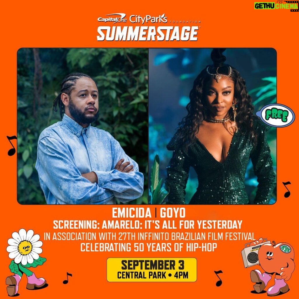 Emicida Instagram - TOMORROW! Are you ready for hip-hop, dance, and a film screening? We’re bringing it all to you for FREE in Central Park with performances by @emicida, @goyo, and a special @ladiesofhiphop performance presented by @worksandprocess. Plus a film screening of AmarElo: It’s All For Yesterday in association with @inffinito.film.festival! Doors open at 4PM. SummerStage NYC