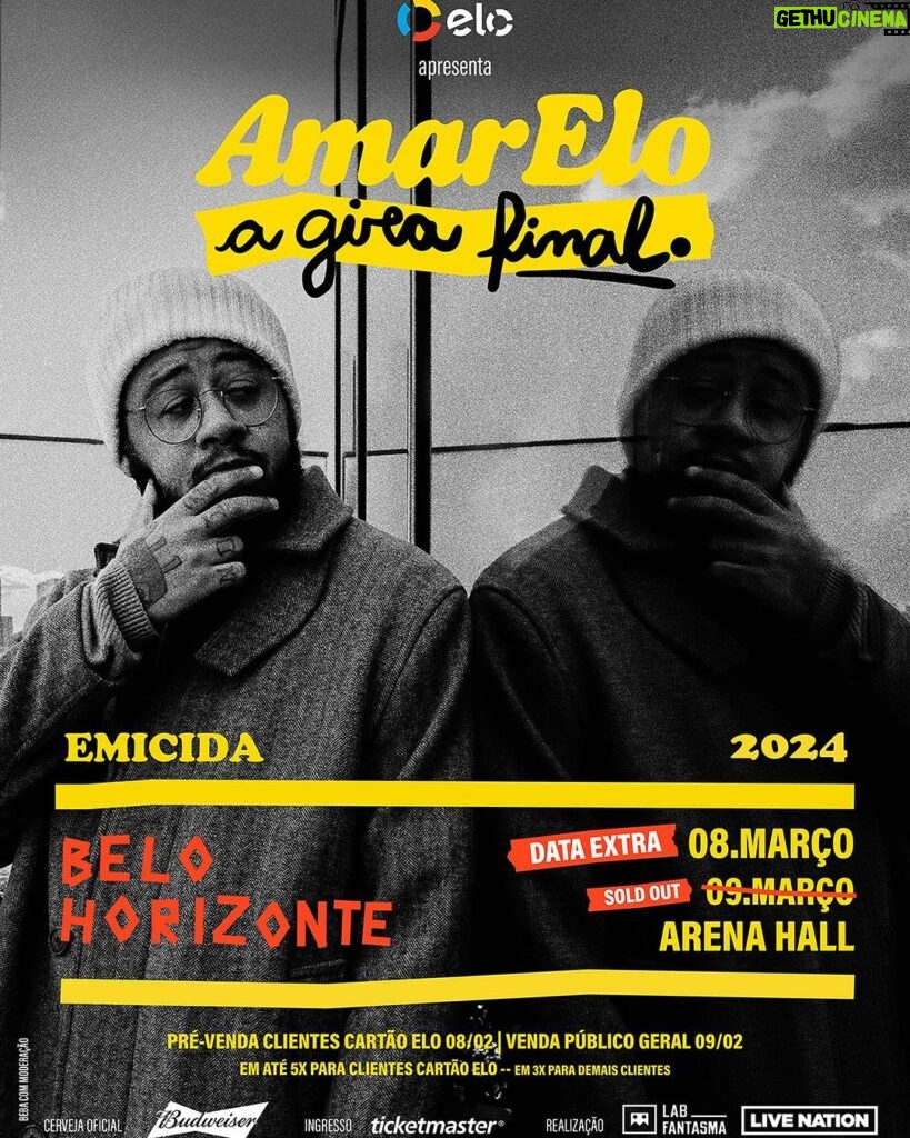 Emicida Instagram - Alô Belo Horizonte, tem data extra para AmarElo – A Gira Final! Anota aí, a pré-venda exclusiva para clientes @cartaoelo será no dia 08/02 às 10h, já as vendas para o público geral começam dia 09/02 também às 10h, compras pela @ticketmasterbr e bilheteria física. Lembrando que clientes @cartaoelo contam com a vantagem de parcelamento em até 5x sem juros. A gente se vê em breve nas últimas datas da tour AmarElo 💛🌿