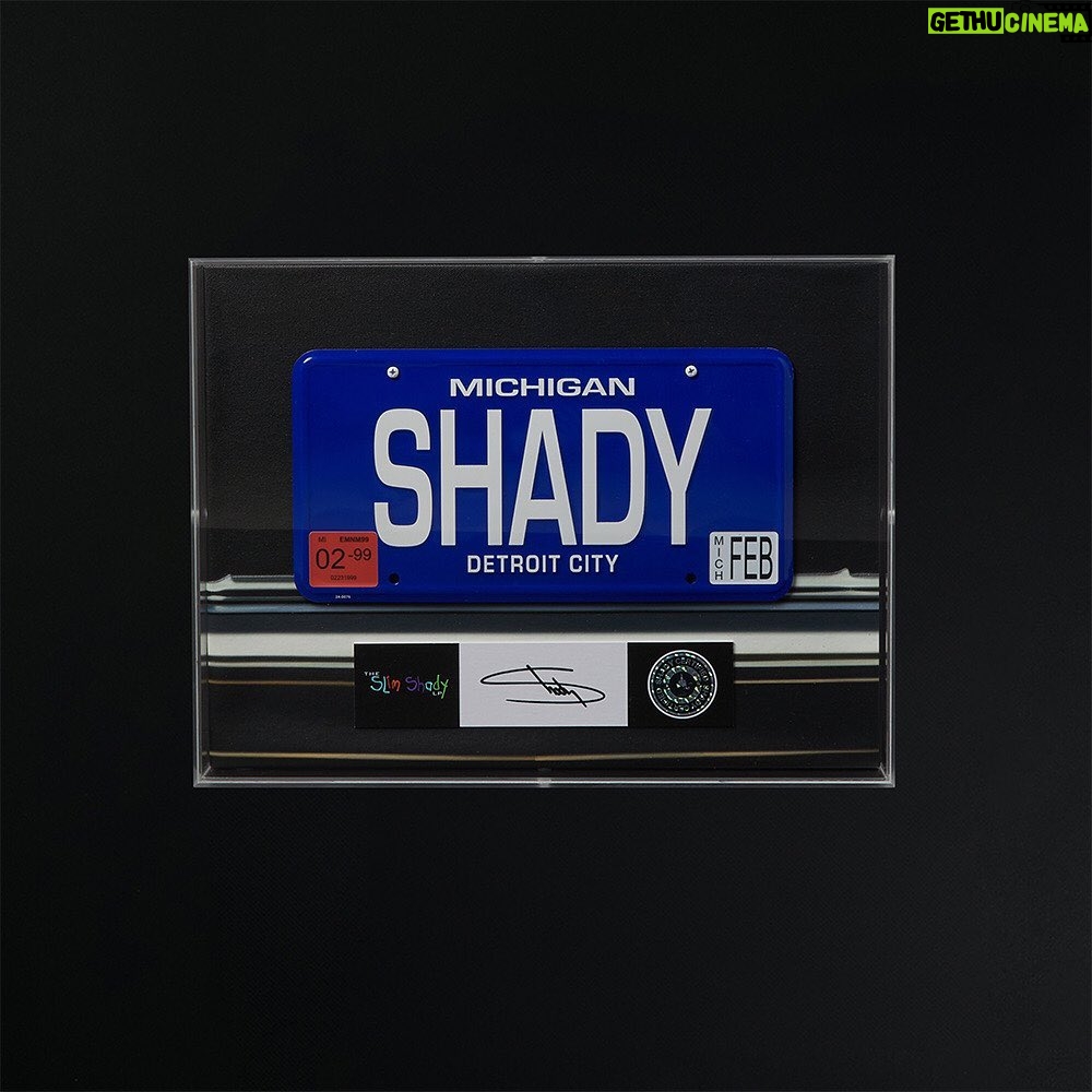 Eminem Instagram - The Slim Shady LP 25th anniversary capsule hits the store this week. Featuring limited edition collectibles like the Shady License Plate Shadowbox signed by me, and The Real Slim Shady T-shirt Pack (blood not included). Get first access - link in bio