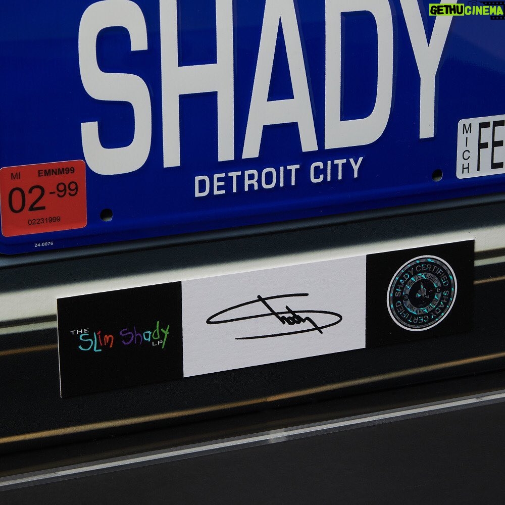 Eminem Instagram - The Slim Shady LP 25th anniversary capsule hits the store this week. Featuring limited edition collectibles like the Shady License Plate Shadowbox signed by me, and The Real Slim Shady T-shirt Pack (blood not included). Get first access - link in bio