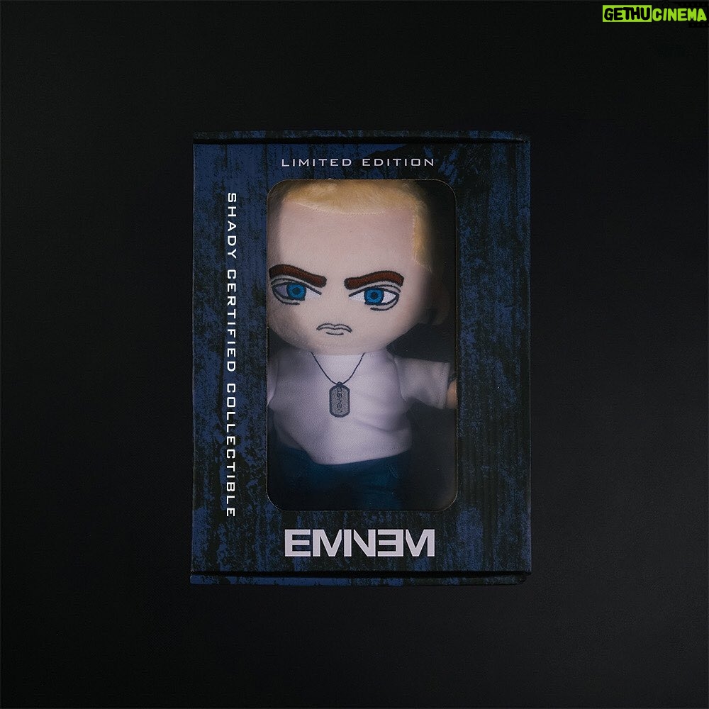 Eminem Instagram - The Slim Shady LP 25th anniversary capsule hits the store this week. Featuring limited edition collectibles like the Shady License Plate Shadowbox signed by me, and The Real Slim Shady T-shirt Pack (blood not included). Get first access - link in bio