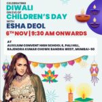 Esha Deol Instagram - I along with the @Bhamlafoundation am coming to celebrate Childrens day and Diwali with school kids for a day filled with laughter, dance, rangoli and shared happiness. Date :- 6th November Time :- 9:45am Venue :-Auxilium Convent High School,Bandra West. Special thanks to @venkysuttarafoods @hybec for supporting this Nobel cause a caption...