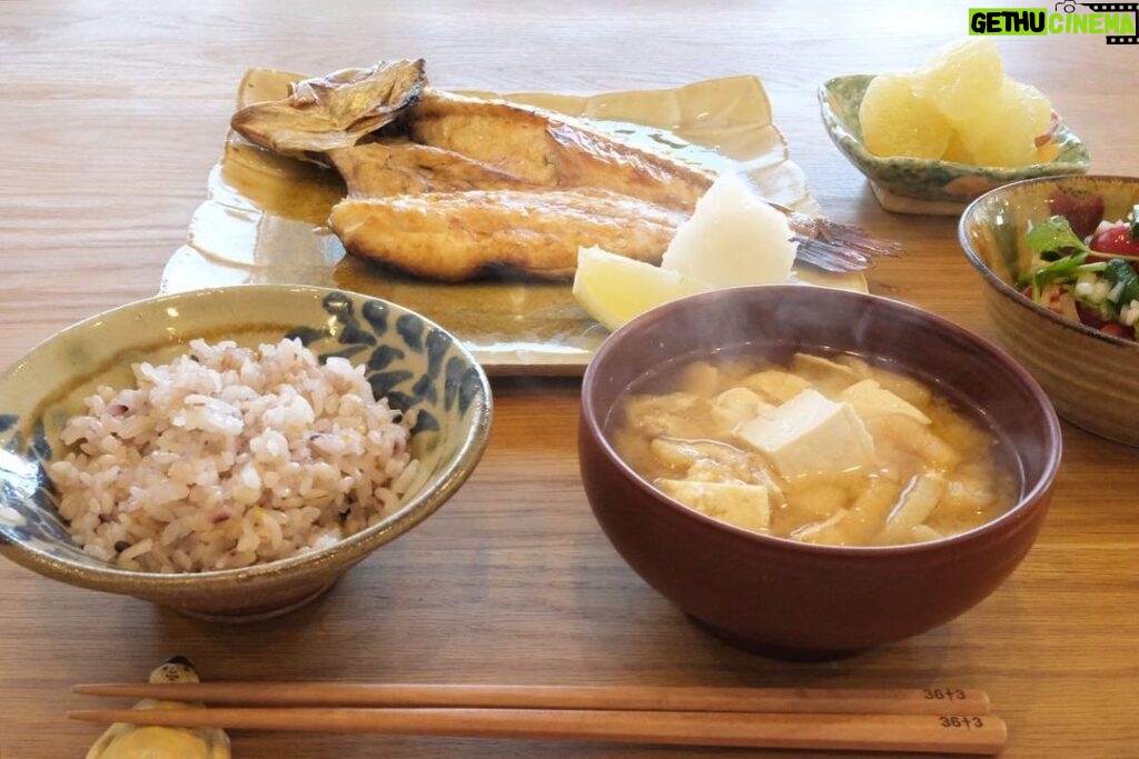 Fumino Kimura Instagram - *** 今日のごはんでした。 頂き物の立派な干物✨ ものを増やすのが好きじゃないから 美味しく楽しく頂いて無くなる 食材とかお出汁は 本当に有難い贈り物です！ ありがとう御座います🙏✨ 干物で焼き魚定食 大根、お豆腐、油揚げの田舎風おみそ汁 トマトと三つ葉のごま塩和え 雑穀米 メロゴールド 二枚目見て見て！！ おみそ汁の湯気写ったの！ 何か一日ハッピーな気持ち🤭♨️