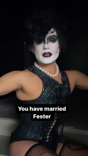 Garrett Clayton Instagram - Happy Halloween! 🎃😂 what’s your favorite line from Adam’s Family?! This is one of my top favorite moments 

I also think in another character life Frankenfurter and Janet are good comps for morticia and Debbie 😂😂😂