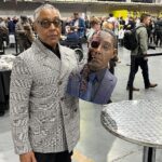 Giancarlo Esposito Instagram - Thank you @walescomiccon for such a wonderful weekend! Loved the #GusFring leg tattoo and head bust, and check out @nathanwyburnart’s natural element painting… MADE OUT OF COFFEE! #WalesComicCon = 10/10 👏🏽