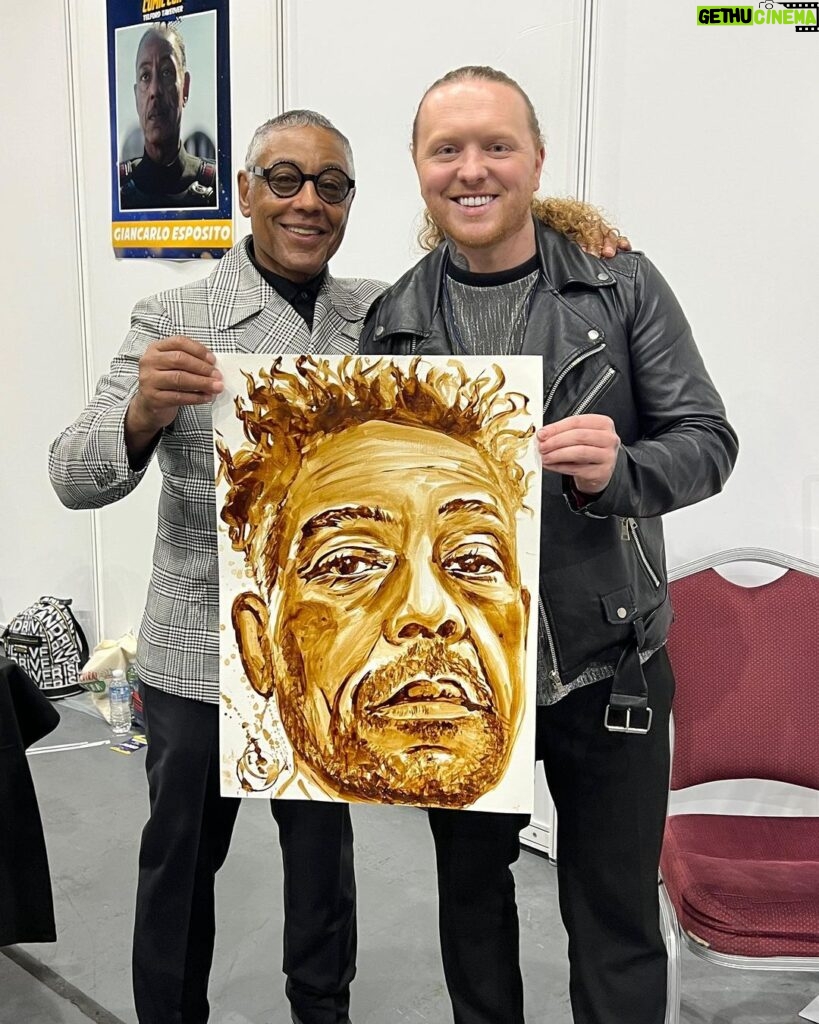 Giancarlo Esposito Instagram - Thank you @walescomiccon for such a wonderful weekend! Loved the #GusFring leg tattoo and head bust, and check out @nathanwyburnart’s natural element painting… MADE OUT OF COFFEE! #WalesComicCon = 10/10 👏🏽
