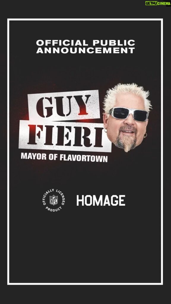 Guy Fieri Instagram - It’s official! I’m takin’ your favorite @nfl team on a trip down to Flavortown with my new officially licensed collection. Custom-designed by @homage, it features my favorite foods across all 32 NFL cities. Available now at @officialnflshop 🏈🔥