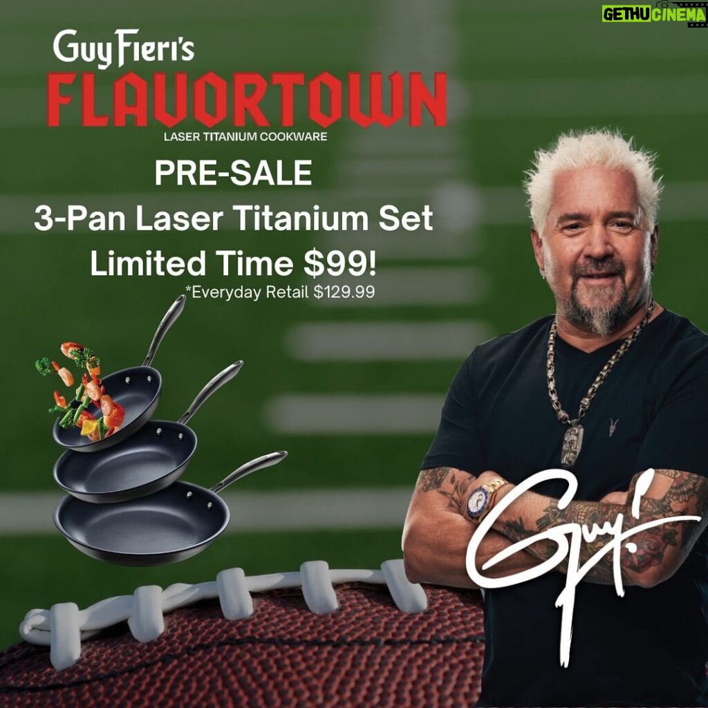 Guy Fieri Instagram - 🚨 LIMITED TIME OFFER 🚨 I’ve got some spicy news straight from Flavortown! Get ready to take your culinary game to the next level with our brand spankin’ new cookware line – Flavortown Cookware! Be the first to own this revolutionary technology without the added harmful chemicals of other brands! Jump in on this Pre-sale limited time offer, order today to get your 3-pan set for ONLY $99! Regularly priced $129.99! (link in bio)