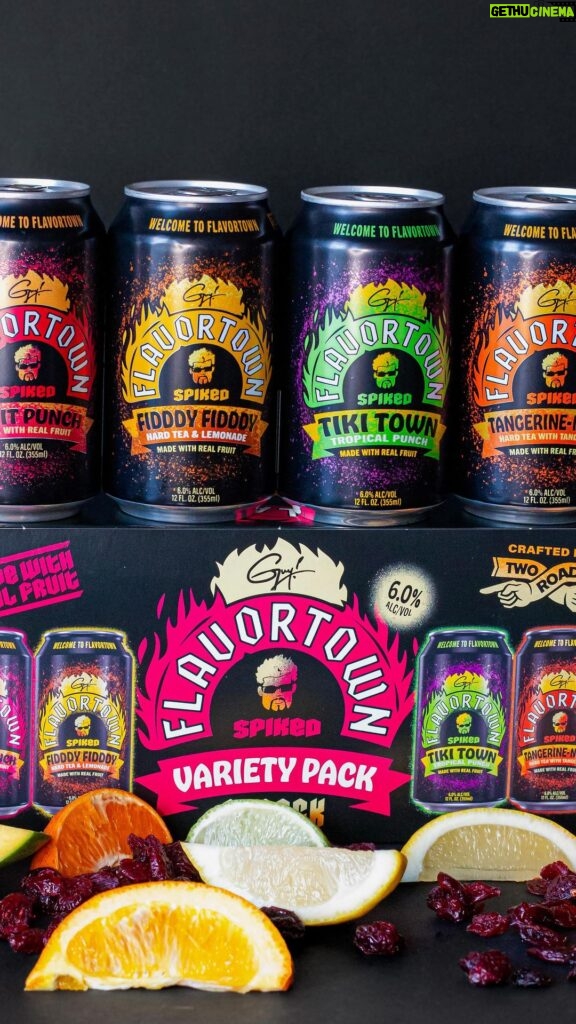 Guy Fieri Instagram - We’re bringing you EVEN MORE FLAVOR 🔥 Introducing the Flavortown Spiked Variety 8-Pack with THREE new bold, real-deal flavors, all made with real fruit 🍍 Here’s what you’ll find in each pack 👇 🍑 FRUIT PUNCH | Guy’s take on the classic, nostalgic fruit punch with real orange and cranberry juices. 🍋 FIDDDY FIDDDY | Half hard iced tea, half hard lemonade - all big flavor! Brewed with Kenyan and Chilean tea and real lemon juice. 🍊 TANGERINE-N-TEA | Guy’s dynamite twist on hard iced tea! Brewed with Kenyan and Chilean tea and a sweet infusion of tangerine juice. 🥭 TIKI TOWN | Inspired by Guy’s own tiki bar! This beachside classic is crafted with passion fruit, orange, and mango. And guess what...we’re rollin’ out to some new states so be on the lookout 👀 Head to flavortownspiked.com to find it near you! Flavortown, USA