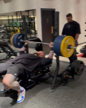 Hafþór Júlíus Björnsson Instagram - 232,5kg and back down work with 210kg for 3 reps. Not far off from my best ever bench so things are looking promising. Great workout with @ryanjterry and we did a posing session afterwards. Will post the whole thing on my YouTube channel. Stay tuned.