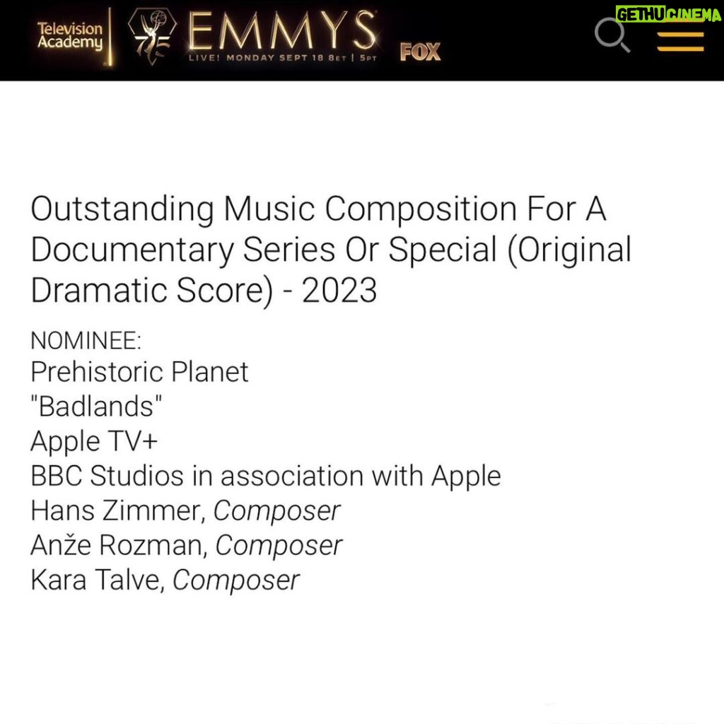 Hans Zimmer Instagram - Many thanks to the @televisionacad for recognizing @anze.rozman, @kara_talve and my work on #PrehistoricPlanet! Anže and Kara are ROCKSTARS who are part of our @bleedingfingersmusic collective, and they have made this score their own. I am so proud of them and they deserve to celebrate!! 🎉 It’s also an honor to be nominated alongside some of our great colleagues and friends including @johnj_powell, @blakeneelycows, @james_newtonhoward and @tonymoralesmusic. Congratulations all around! #Emmys