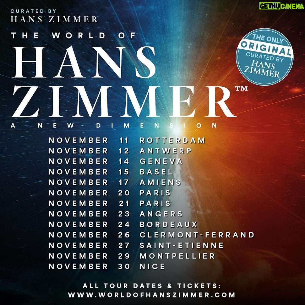 Hans Zimmer Instagram - Our brand-new 2024 tour “A New Dimension” is on sale now! Inspired by two-time Academy Award® - winning composer @hanszimmer, the tour will stop in 59 cities across Europe featuring some of the world’s best soloists. Get your tickets now at worldofhanszimmer.com (link in bio). Hans Zimmer is not scheduled to appear live on stage in The World of Hans Zimmer – A New Dimension. Hans Zimmer is the show’s curator and musical director. #WOHZ#WorldofHansZimmer