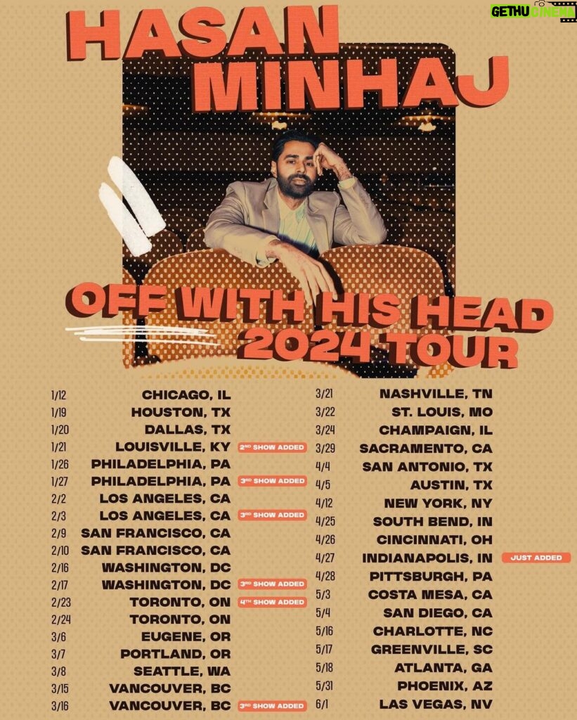 Hasan Minhaj Instagram - Happy New Year folks! We've added more cities, and more 2024 shows. Pre-Sale 🎟️go live tomorrow [Tuesday January 9th] at 10AM local. Use password 'HASAN'. That simple. I’ll see ya on the road!⁣⁣ ⁣ LOUISVILLE [2nd show added]⁣⁣ PHILLY [3rd show added]⁣⁣ LOS ANGELES [3rd show added]⁣⁣ DC [3rd show added]⁣⁣ TORONTO [4th show added]⁣⁣ VANCOUVER [3rd show added]⁣⁣ INDIANAPOLIS [Just added]