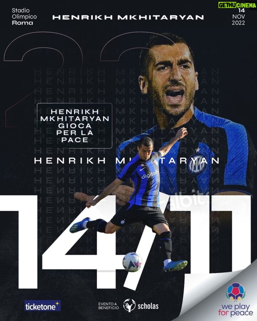 Henrikh Mkhitaryan Instagram - Henrikh Mkhitaryan giocherà la partita per la pace! 🕊️ Potrai vederlo giocare dal vivo il 14 Novembre allo stadio Olimpico di Roma 🏟️ Compra o dona i biglietti nel link in bio.