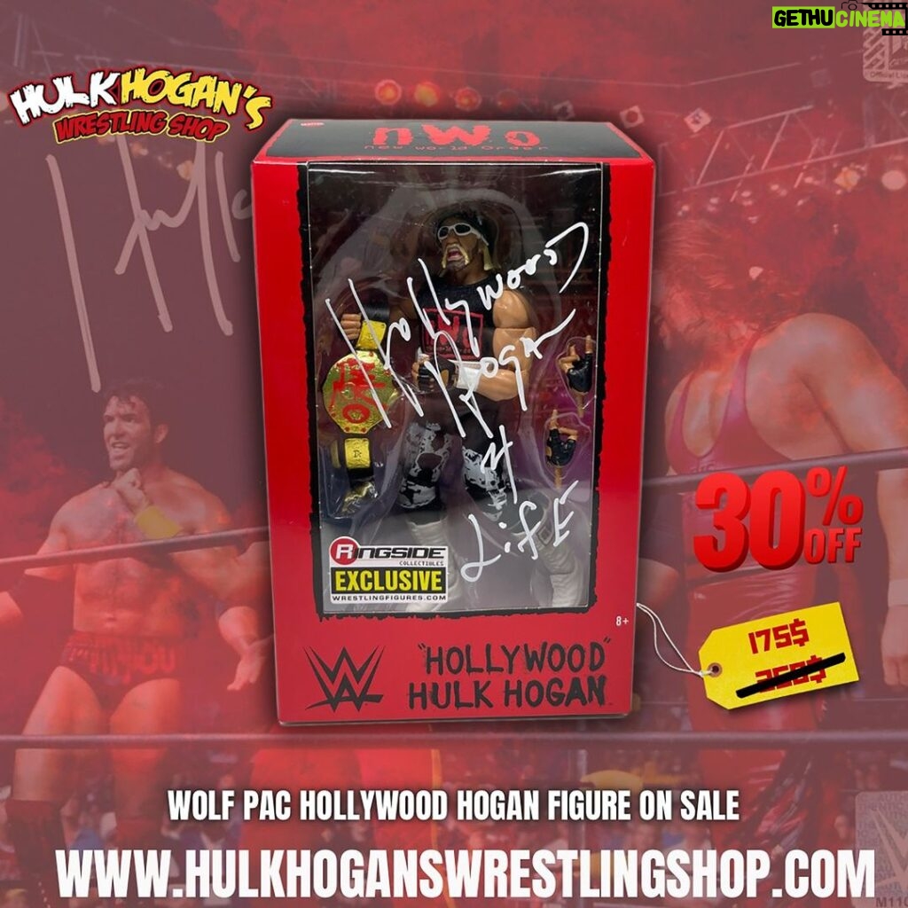 Hulk Hogan Instagram - Listen up, Hulkamaniacs! The Wolfpac Hollywood Hulk Hogan WWE Elite Ringside Exclusive Autographed figure is now on sale for just $175.00, down from $250.00! ✨ This ain't just any action figure, brother. This figure captures the essence of my iconic nWo Wolfpac era. With my nWo red and black bandana, white and black sunglasses, and the red and black nWo shirt, I'm ready to rock the ring! And don't forget my WCW spraypainted red 'NWO' World Heavyweight Championship—it's a true collector's item, brother! #hulkhogan #wolfpac #nwo4life #wwe #wrestlingfigures #collectibles #Hulkamaniacs