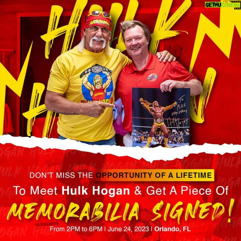Hulk Hogan Instagram - Hulkamaniacs, Get Ready To Rumble! Hulk Hogan is hosting the ultimate event in Orlando, Florida on June 24th! The Hulkster himself will be there, brother! It's your chance to meet The Legend in person, and grab an exclusive autograph… Don't miss out on this incredible opportunity! Secure your spot now by buying your tickets, and let's make history together! Hulkamania is running wild, so join the action at the link below… Grab your tickets NOW at the link below 👇 https://hulkhoganswrestlingshop.com/products/hulk-hogan-autograph-signing