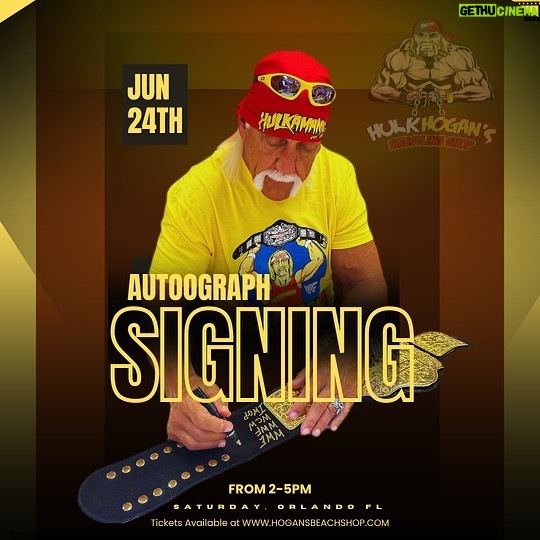 Hulk Hogan Instagram - Get ready to meet the Hulkster himself! Join us at Hulk Hogan’s Wrestling Shop in Orlando Florida June 24th for an exclusive autograph signing with the one and only Hulk Hogan! Don’t miss out on this incredible opportunity to meet the legend. Buy your tickets NOW and secure your spot👇🏽 https://hulkhoganswrestlingshop.com/products/hulk-hogan-autograph-signing Orlando, Florida