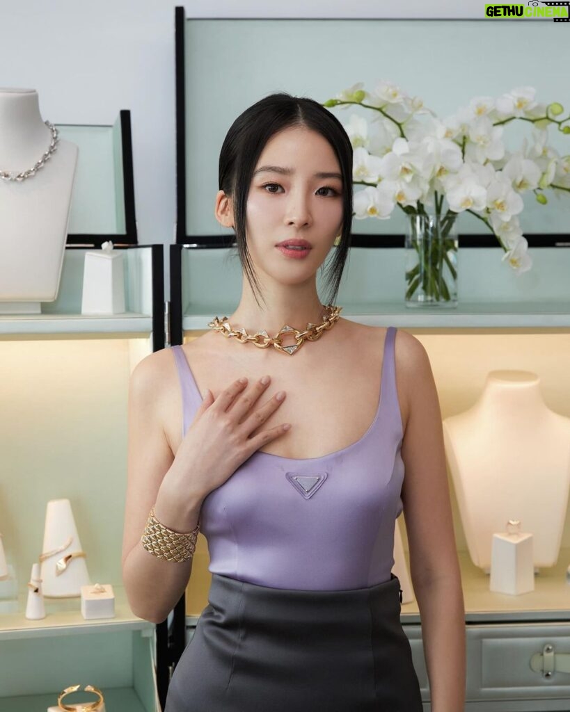 Irene Kim Instagram - Adorned in @Prada gold✨ Gold is truly eternal- an ancient material that is timeless and constantly cherished. Prada presents Eternal Gold, the fine jewelry collection made of 100% certified recycled gold that defines twenty-first century luxury. I fell in love with the iconic Prada Triangle shapes reflected in the precious gems and metals. #AD #PradaEternalGold #PradaFineJewelry