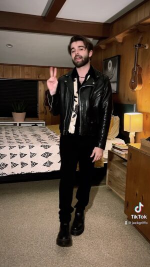 Jack Griffo Instagram - Every man needs a solid leather and maybe even some satin 😮‍💨 Nothing unworn ♻️ #thrift #leatherjacket #fashion #mensstyle
