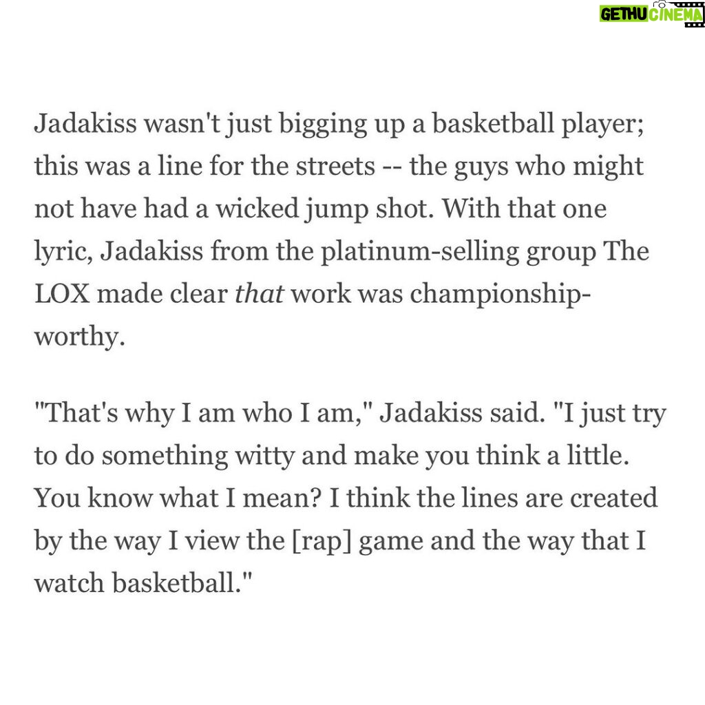 Jadakiss Instagram - It was an honor to be asked by @espn to contribute to their Hip-Hop at 50 tribute, saluting one of the great lines by one of the greats, our friend @jadakiss! Check out our full article all about “I’ma make bucks like Milwaukee, cause like Sam, I Cassell” right now on ESPN.com!!