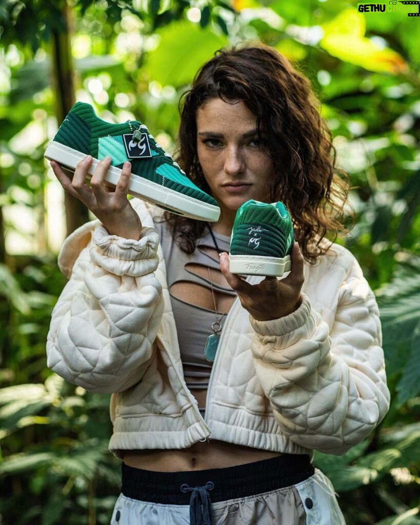 Jade Chynoweth Instagram - Link in bio to cop the Jade Stone 1s🌿🌱 Shipped worldwide Made from recycled plastic, bringing in elements of nature, and adorned with a real raw Jade stone! I designed these myself with my broski @jagerchynoweth2 @fuego.dance really brought our ideas to life!🥺🙏🏼 Link in bio!!!! Or head over to @fuego.dance ‘s website💚